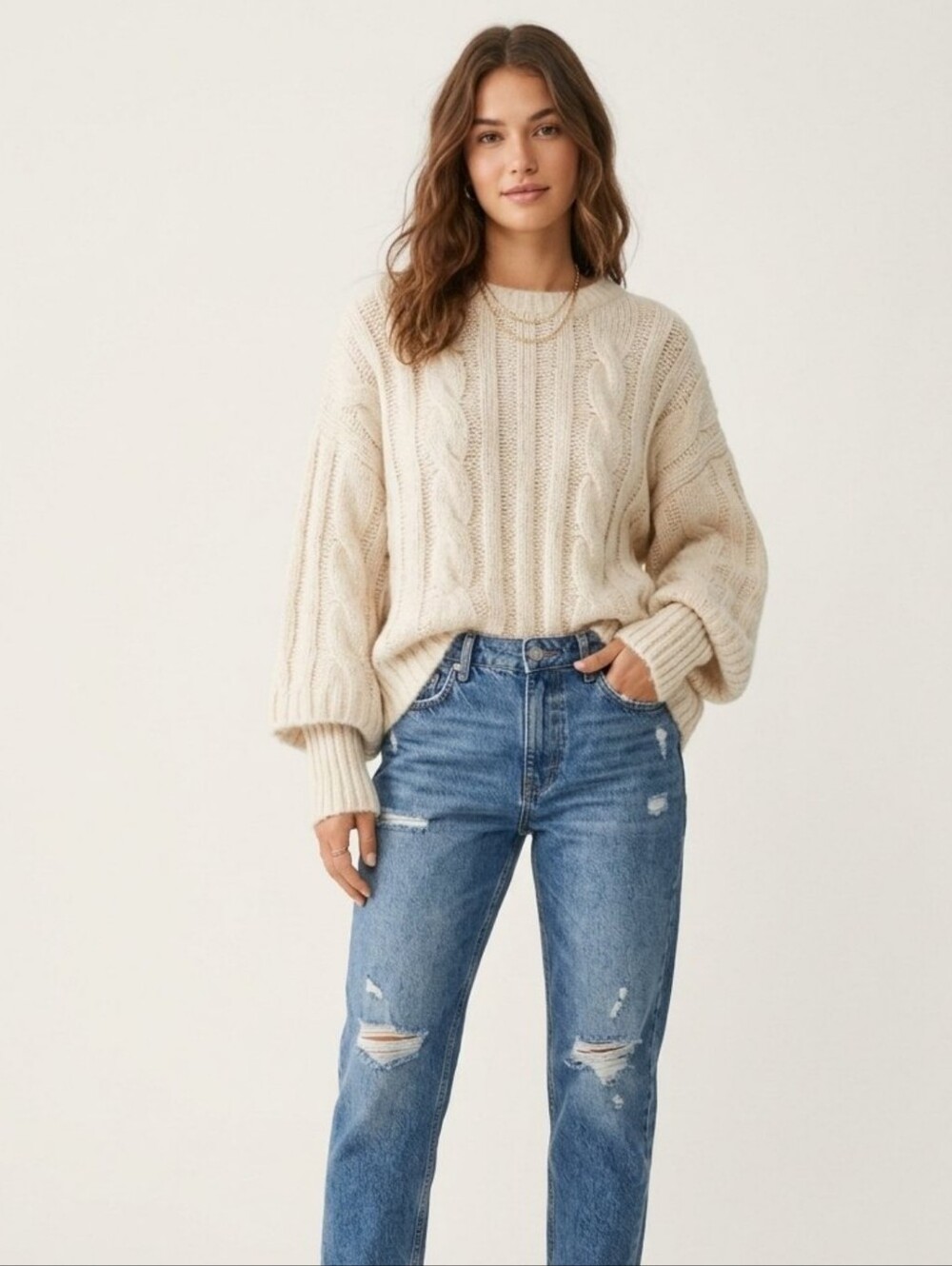 Zara Cream Cable Knit Oversized Sweater Split Cuff Size L